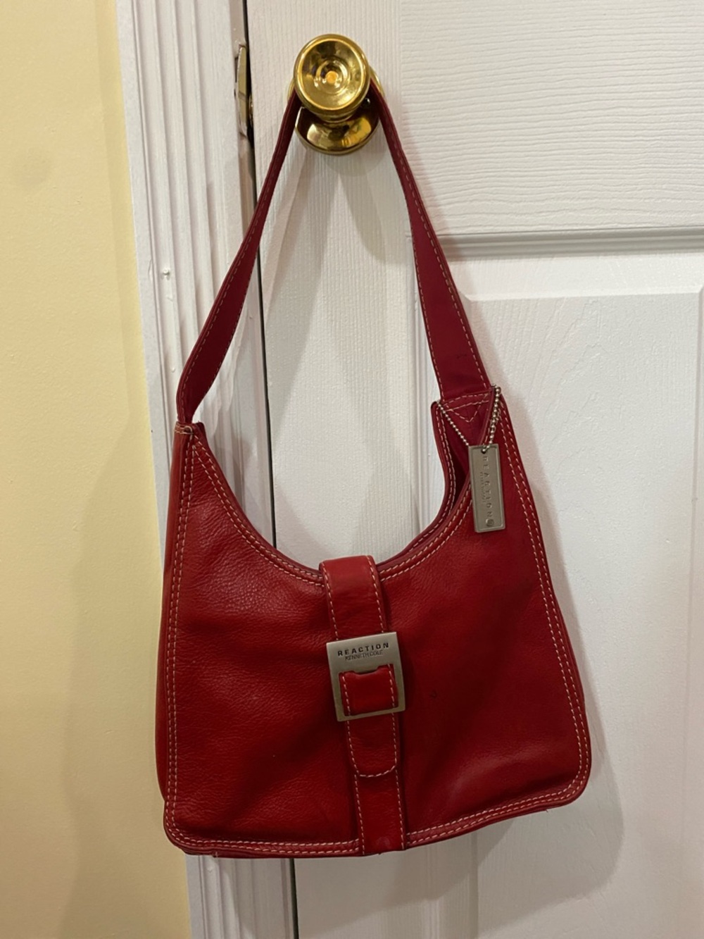 Kenneth Cole Reaction Deep Red Leather Shoulder Bag with Buckle Accent